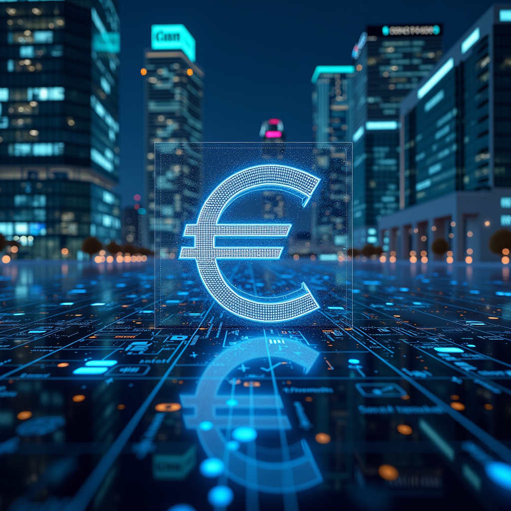 European Central Bank headquarters with digital euro symbols and modern financial technology infrastructure, showing secure payment systems and blockchain networks