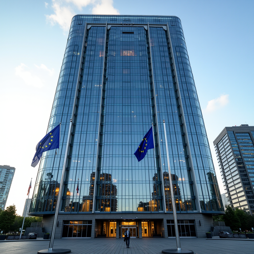 Sede della Banca Centrale Europea a Francoforte con architettura moderna in vetro e bandiere dell'UE che sventolano davanti all'edificio durante il giorno