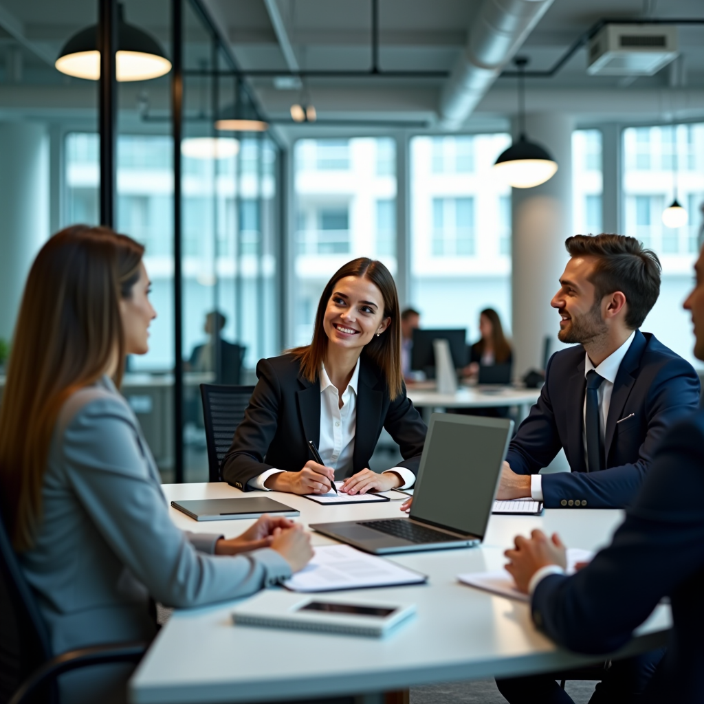 Modern financial office with professional consultants working with clients, showing trust and expertise in financial intermediary services