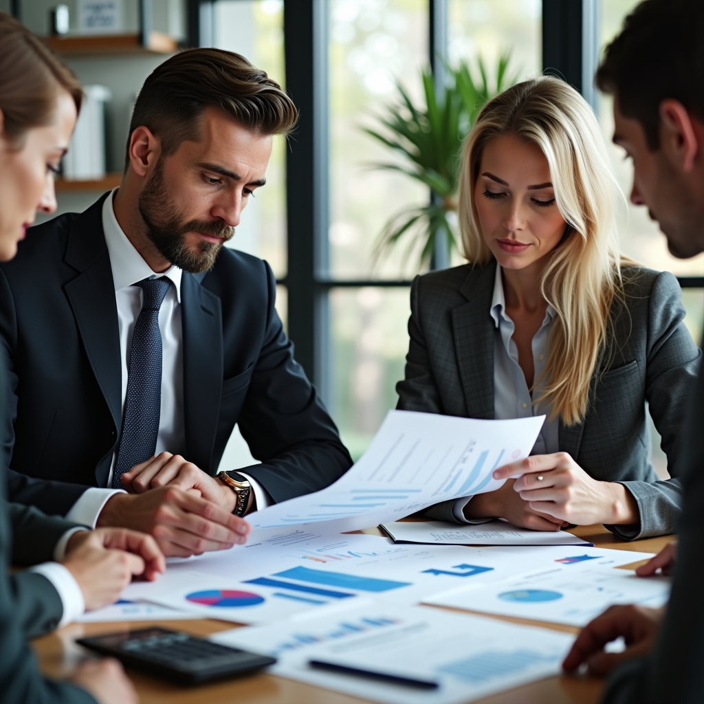 Consulente finanziario che analizza documenti di mutuo con clienti in un ufficio moderno e professionale, con grafici finanziari e calcolatrice sul tavolo, atmosfera di fiducia e collaborazione