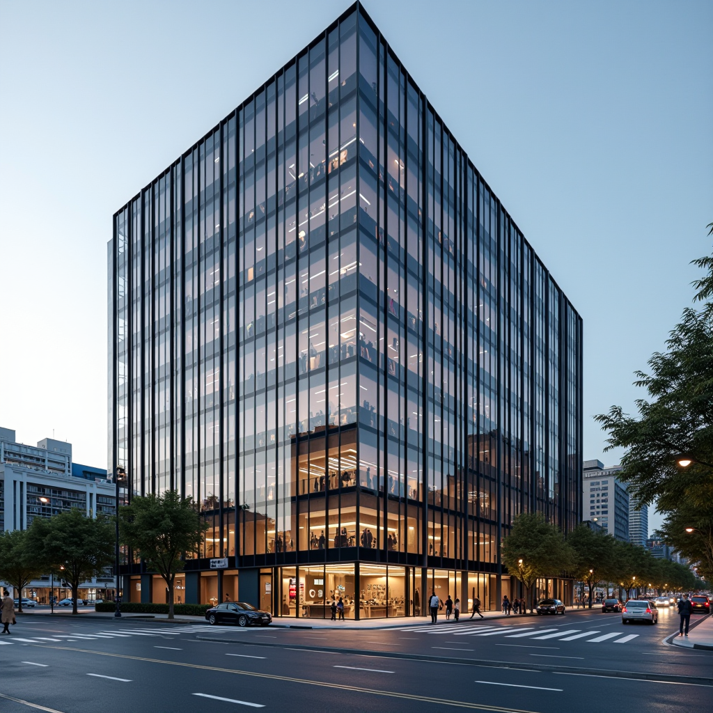 Modern corporate office building with glass windows and professional business environment showing financial district