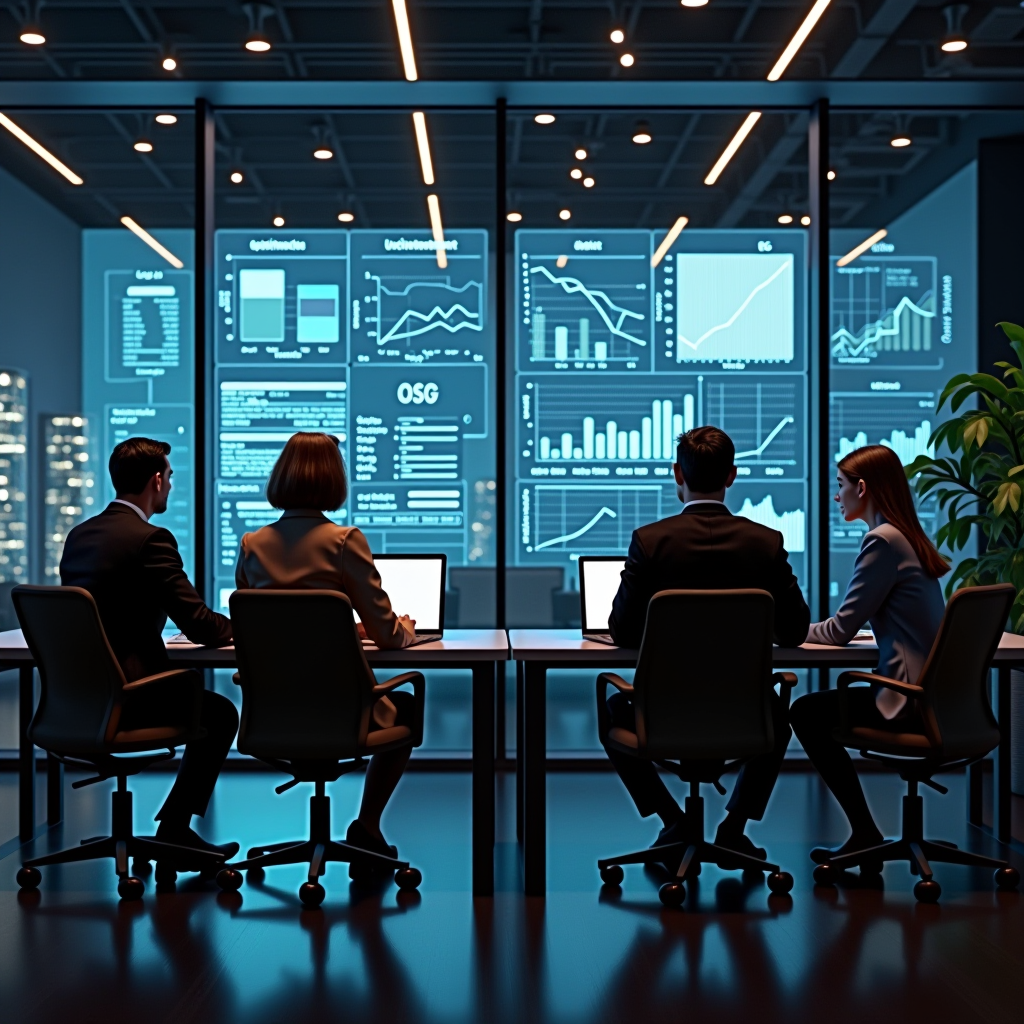 Modern office with financial professionals reviewing ESG reports and sustainability metrics on digital screens, showing environmental and social governance data visualization