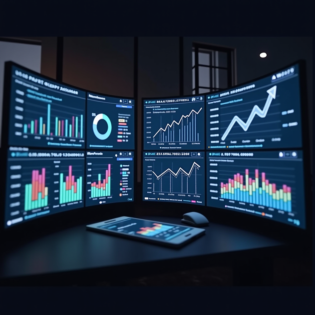 Sophisticated wealth management dashboard showing diversified portfolio charts, asset allocation graphs, and long-term growth projections on multiple screens