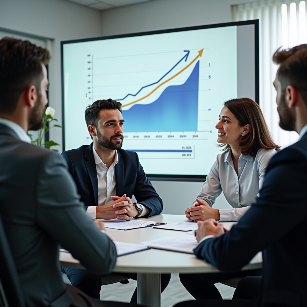 Business entrepreneurs in modern office discussing financing options with financial intermediary, charts showing business growth and capital expansion plans